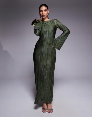 ASOS DESIGN - Plissiertes Maxikleid in sanftem Khaki mit tiefem Rückenausschnitt und Trompetenärmeln-Grün