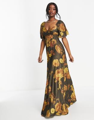 ASOS DESIGN - Plissiertes Maxikleid mit verdrehtem Rückendetail, Flügelärmeln und Blumenmuster in Senfgelb-Bunt