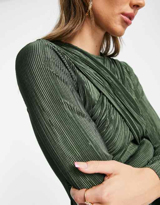 ASOS DESIGN – Plissiertes Midikleid in Khaki mit überkreuzter Vorderseite, 3 von 4