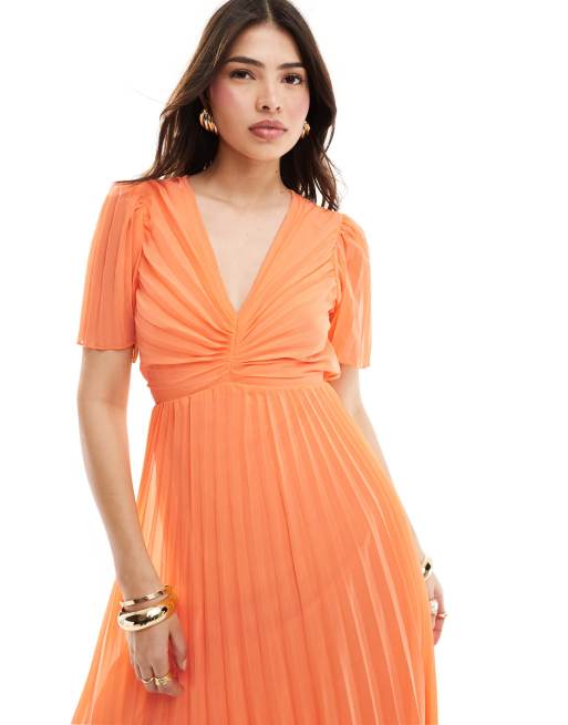 ASOS DESIGN Plissiertes Midikleid in Orange mit Fledermausarmeln ASOS