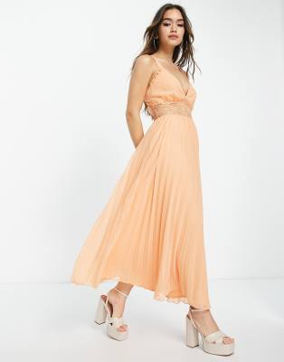 ASOS DESIGN - Plissiertes Midikleid in Pfirsich mit Spitzeneinsatz-Orange