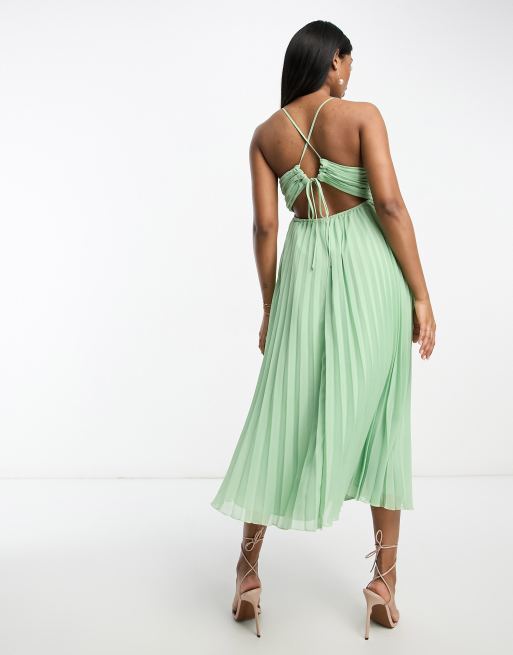 ASOS DESIGN – Plissiertes Midikleid in Salbeigrün mit Riemchenträgern und Oberteil mit Faltendetail, 2 von 4