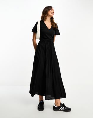 ASOS DESIGN - Plissiertes Midikleid in Schwarz mit V-Ausschnitt und Taillenschnürung-Black