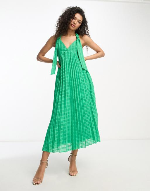 ASOS DESIGN – Plissiertes Midikleid in Smaragdgrün mit Jacquard-Karomuster, tiefem Ausschnitt und gebundenen Trägern