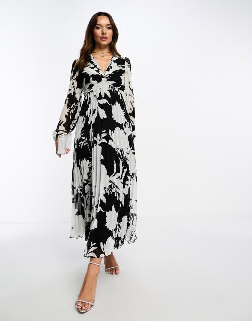 ASOS DESIGN – Plissiertes Midikleid mit Blumenmuster in Schwarz-Weiß und Hauptteil mit tiefem Ausschnitt, 4 von 4