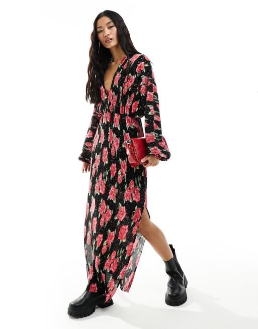 ASOS DESIGN – Plissiertes Midikleid mit Rosenmuster in Schwarz und Rot, langen Fledermausärmeln und Bindedetail am Rücken