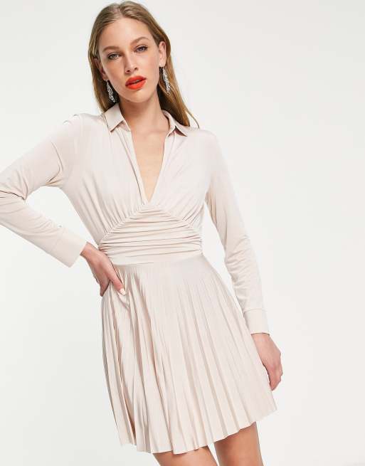 ASOS DESIGN – Plissiertes Mini-Hemdkleid in Champagner