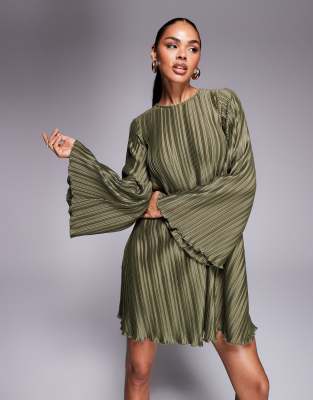ASOS DESIGN - Plissiertes Minikleid in Khaki mit weiten Ärmeln und Schleife am Rücken-Grün