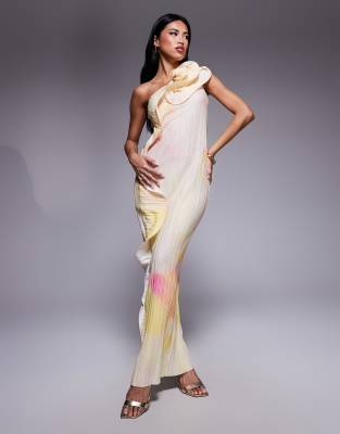 ASOS DESIGN - Plissiertes One-Shoulder-Midikleid mit Print und wirbelförmigem, herabfallendem Besatz-Bunt