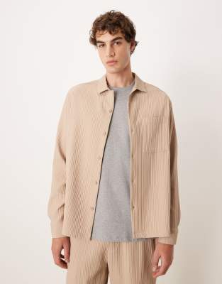 Plissiertes Relaxed-Fit-Hemd in Beige mit Reverskragen, Kombiteil-Neutral Neutral M