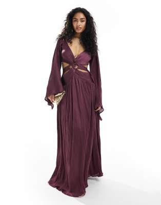 ASOS Design - Plissiertes Satin-Maxikleid in Lila mit Kimono-Ärmeln und Ringdetail an der Taille