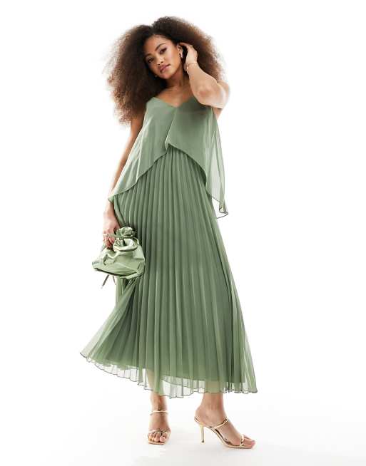 ASOS DESIGN – Plissiertes Träger-Midikleid aus Chiffon in Salbeigrün mit Overlay, 4 von 4