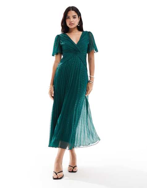 ASOS DESIGN – Plissiertes wadenlanges Kleid in Metallic-Flaschengrün mit tiefem Ausschnitt und genoppten Flügelärmeln - view 1