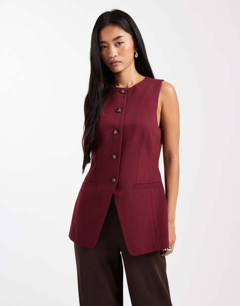 ASOS DESIGN – Plommonfärgad, figursydd kostymväst med hög ringning och formade höfter - view 1