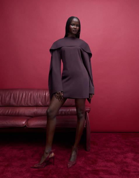 ASOS DESIGN – Plommonfärgad, figursydd miniklänning med scarfdetalj - view 1