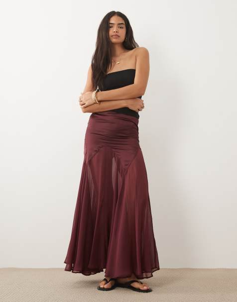 ASOS DESIGN – Plommonfärgad kjol i satin- och chiffongmix med fishtail-design - view 1