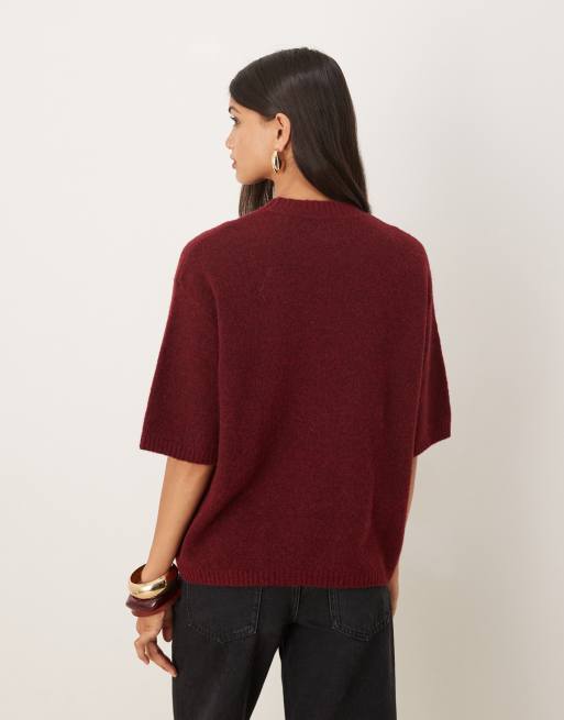 ASOS DESIGN – Plommonfärgad, stickad t-shirt i ull- och alpackamix med avslappnad passform, 2 av 4