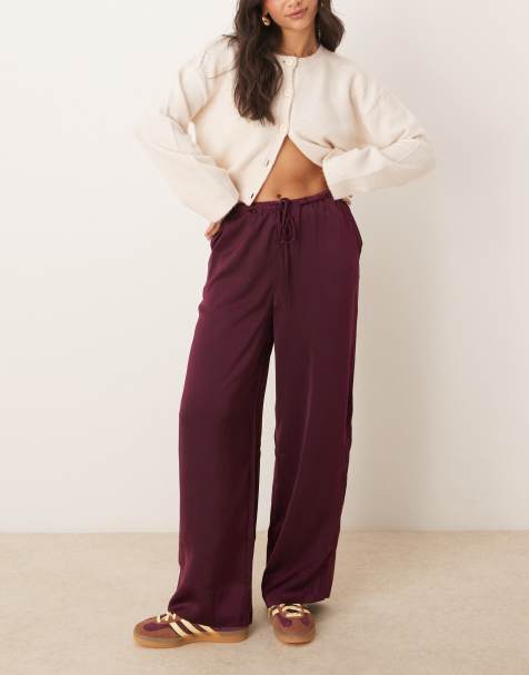 ASOS DESIGN – Plommonfärgade satinbyxor i dra på-modell - view 1