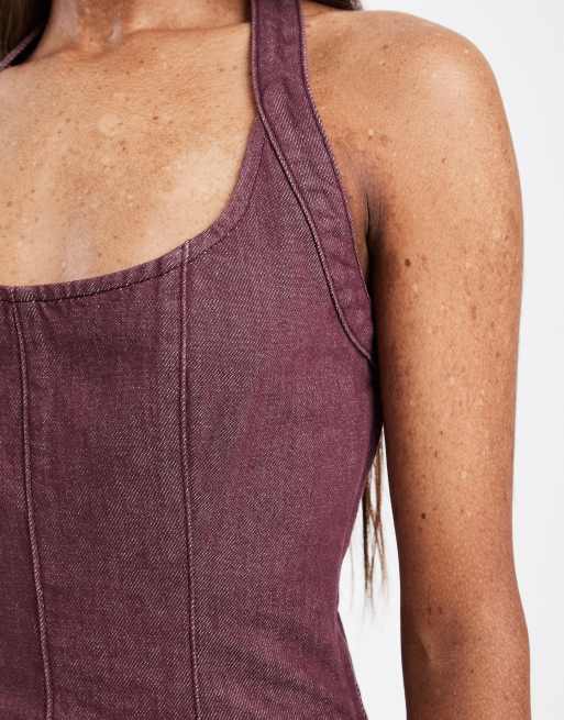 ASOS DESIGN – Plommonlila jeanstopp med halterneck och dekorativ söm, 3 av 4