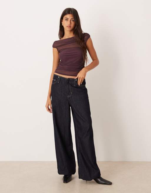 ASOS DESIGN – Plommonlila off shoulder-topp i mesh med korta ärmar och rynkade detaljer, 2 av 4