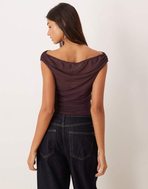 ASOS DESIGN – Plommonlila off shoulder-topp i mesh med korta ärmar och rynkade detaljer, 4 av 4