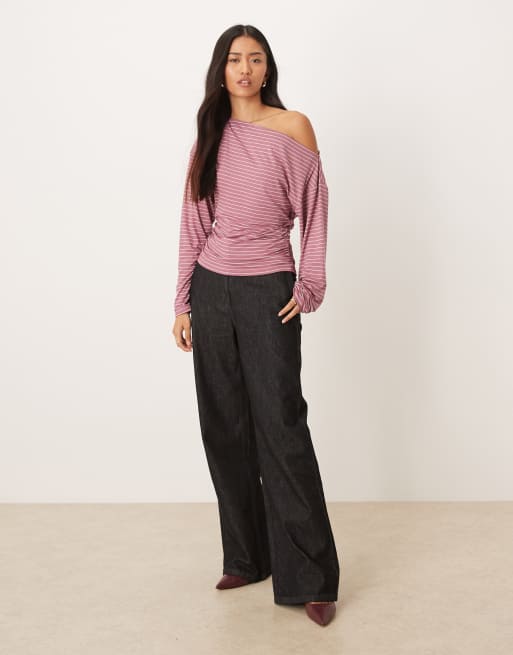 ASOS DESIGN – Plommonlila, randig, asymmetrisk topp med långa ärmar och markerad midja, 3 av 4
