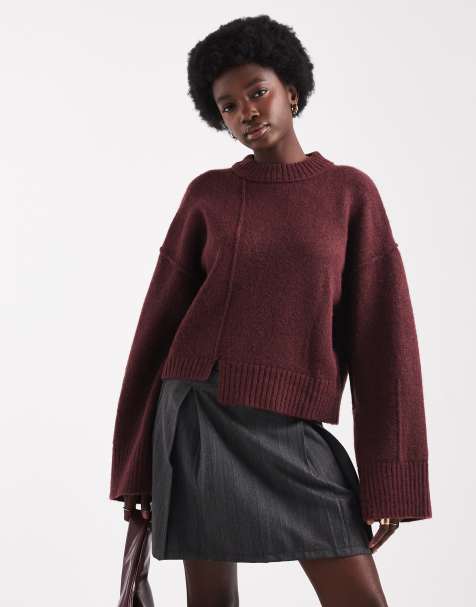 ASOS DESIGN – Plommonlila tröja med rund halsringning, dekorativ söm framtill och asymmetrisk fåll - view 1