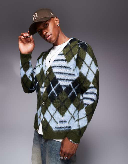 ASOS DESIGN - Pluizig gebreid vest met argyle-patroon in blauw
