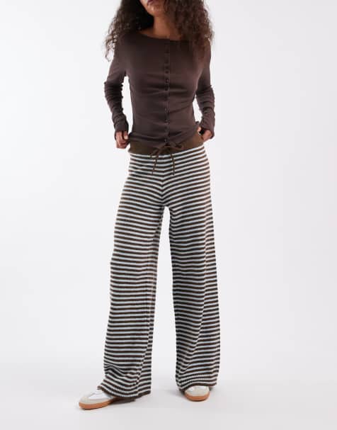 ASOS DESIGN - Pluizig gebreide, gestreepte broek in blauw en bruin, deel van co-ord set - view 1