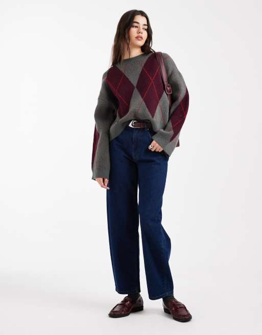 ASOS DESIGN - Pluizig gebreide trui met argyle-ruit in grijs, 2 van 4