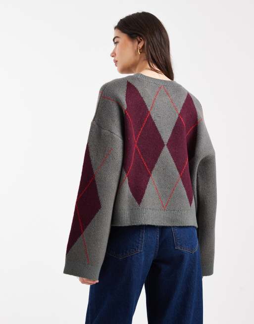ASOS DESIGN - Pluizig gebreide trui met argyle-ruit in grijs, 4 van 4