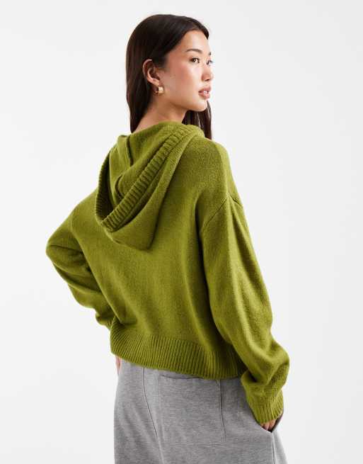 ASOS DESIGN - Pluizige gebreide hoodie met rits in olijfgroen, 2 van 4