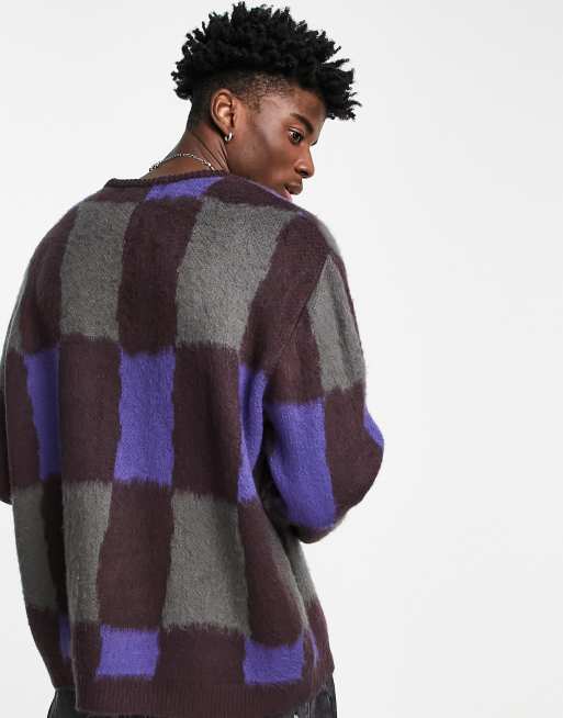 ASOS DESIGN - Pluizige gebreide trui met dambordpatroon in blauw, 3 van 4