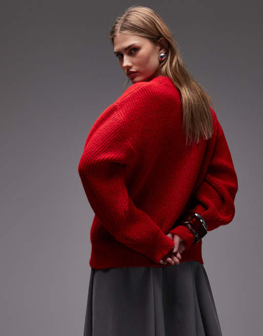 ASOS DESIGN - Pluizige gebreide trui met ronde hals in rood, 4 van 4