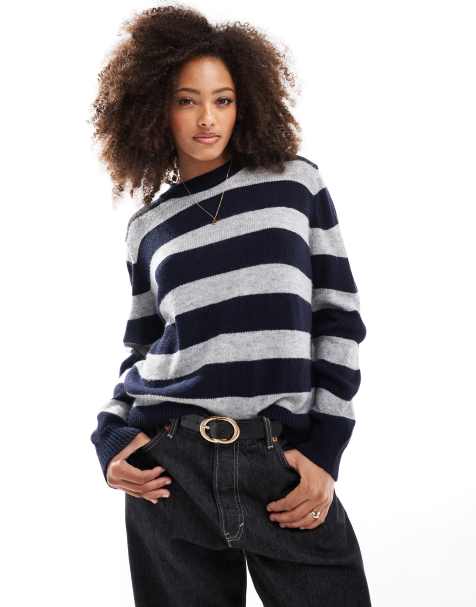 ASOS DESIGN - Pluizige gestreepte co-ord set van trui en broek in blauw en grijs - view 1