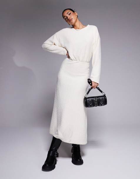 ASOS DESIGN - Pluizige midi jurk met lange blousonmouwen in crème - view 1