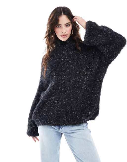 ASOS DESIGN - Pluizige trui met opstaande boord en ronde mouwen in zwart