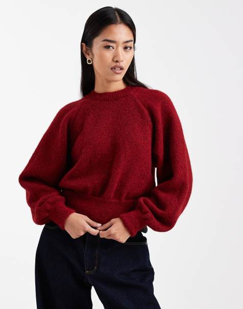 ASOS DESIGN - Pluizige trui met ronde hals en raglandetail in donkerrood - view 1