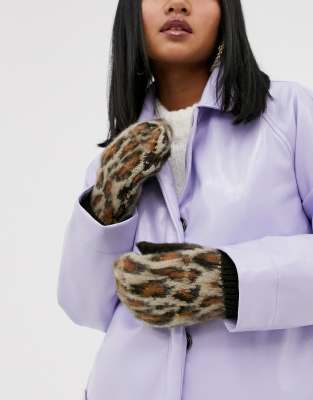 ASOS DESIGN leopard fluffy mittens gloves-Brown Brown