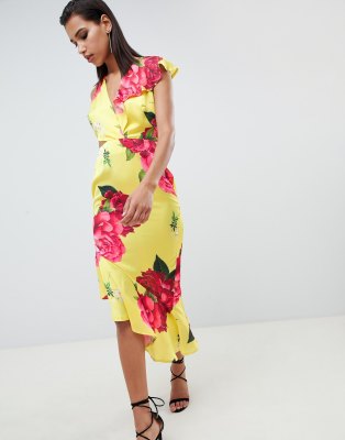 ASOS DESIGN Plunge And Cut Out Midi Dress In Bright Floral Print-Multi