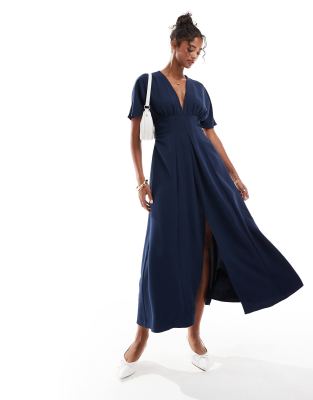 Asos Design Plunge Angel Sleeve Midi Dress In Washed Denim-blue