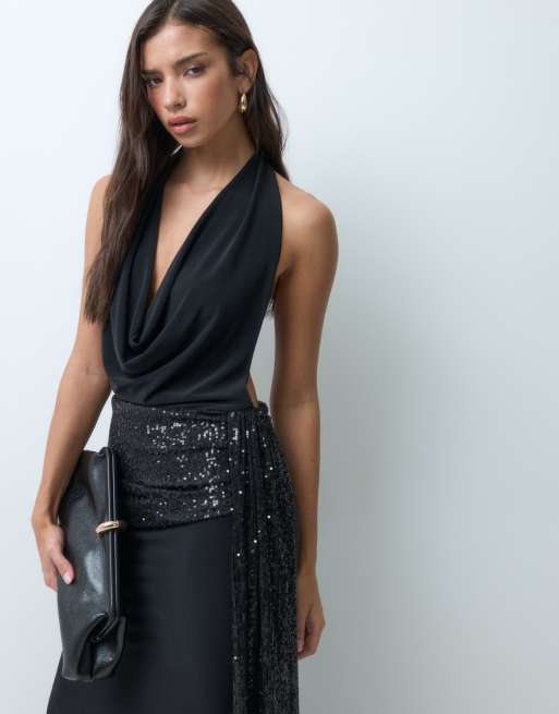 ASOS DESIGN plunge asymmetric cowl maxi dress with sequin sash in black, 5 of 5