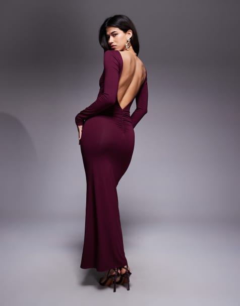 ASOS DESIGN plunge back maxi slash neck dress in burgundy