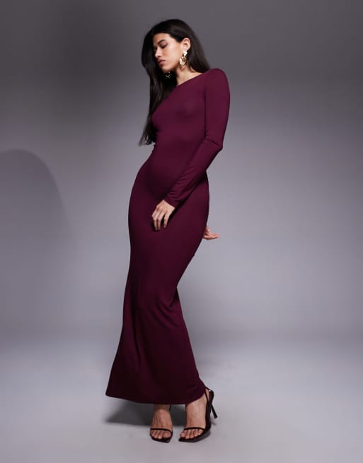 ASOS DESIGN plunge back maxi slash neck dress in burgundy, 4 of 4