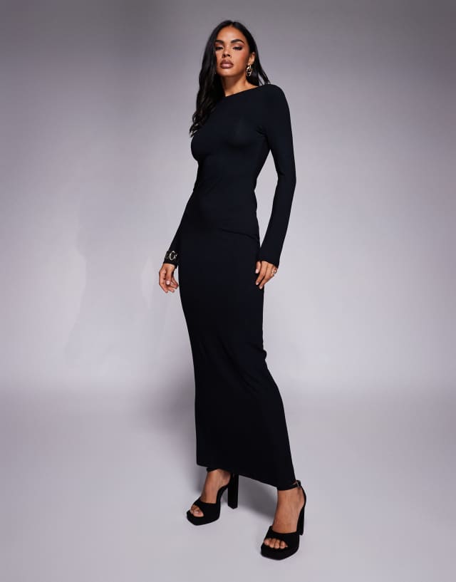 ASOS Design plunge back slash neck Maxi Dress in Black