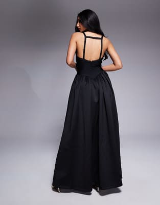 ASOS DESIGN PLUNGE BANDAGE & SCUBA MIX MIDI DRESS WITH FULL SKIRT 