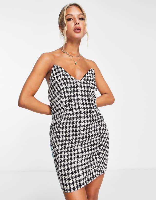 ASOS DESIGN plunge bandeau mini dress in tweed dogtooth