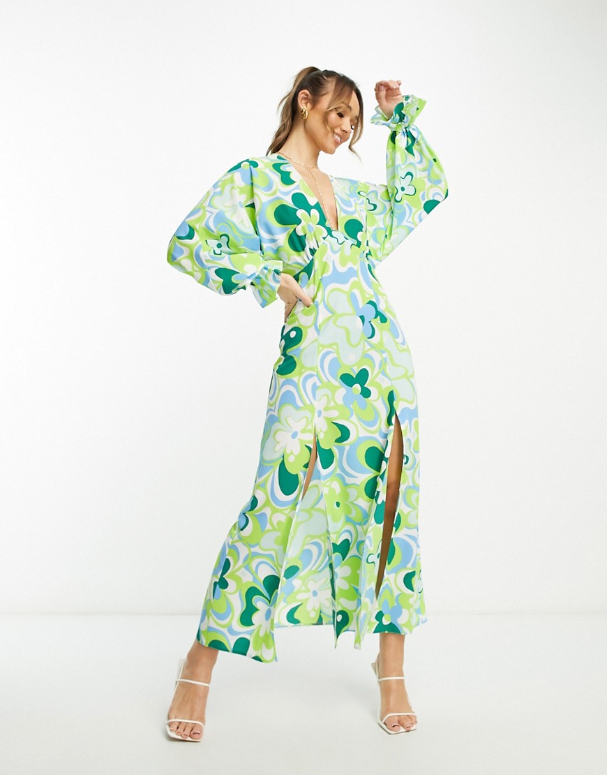 ASOS DESIGN plunge batwing maxi dress in green retro floral-Multi