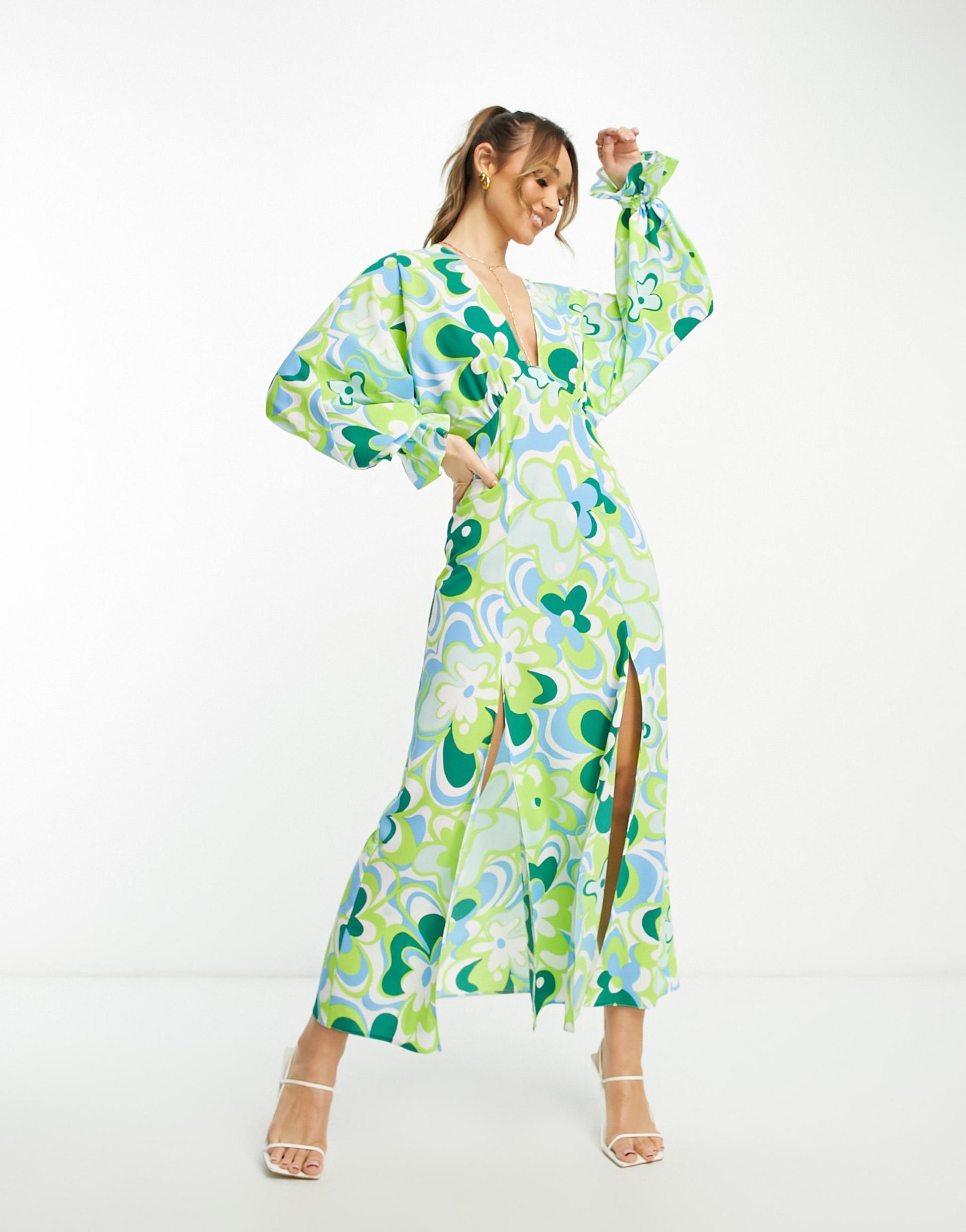 asos design plunge batwing maxi dress in green retro floral