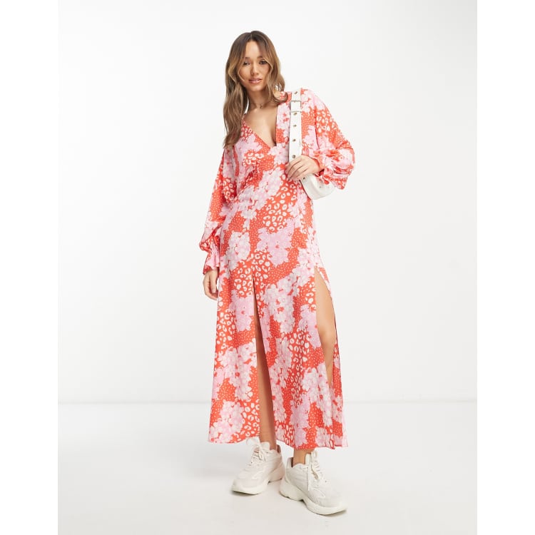 ASOS DESIGN plunge batwing maxi dress in pink splice print